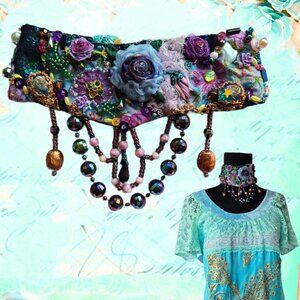 Handmade Victorian-Style Blue Green Purple Lavender Collar Necklace Roses Beaded